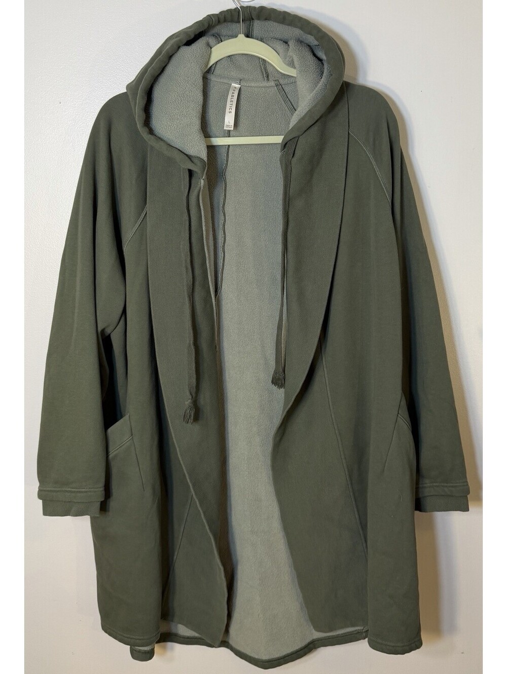 Fabletics Valentina Long Cardigan Hooded Sweatshirt Jacket Olive Green Large EUC